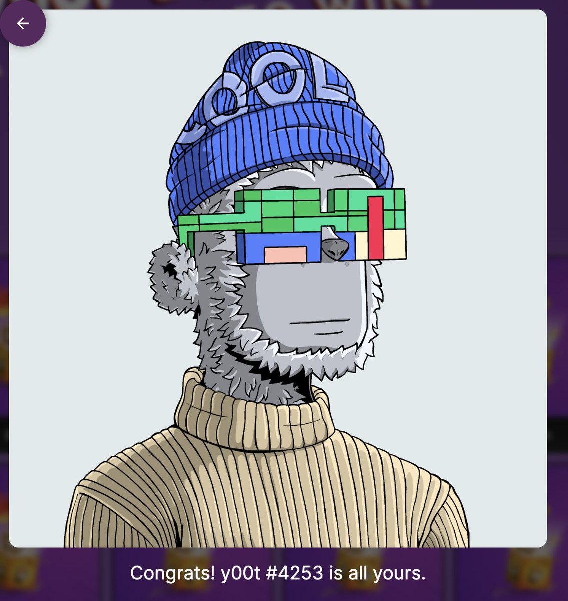 Scored <a href="/y00tsNFT/">y00ts</a> #4253 from a bonk box <a href="/bonk_box/">Bonk Box</a> !!  Super stoked right now.  Thanks, bonk box, you all rock.