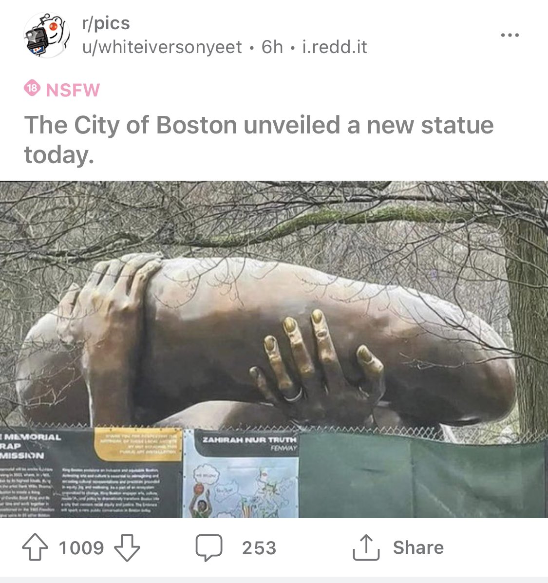 ucockit's tweet photo. “I have a dream that my four little children will one day live in a nation where they will not be judged by the color of their skin, but by being related to a giant cock in Boston Common” https://t.co/r9OSGaVChP