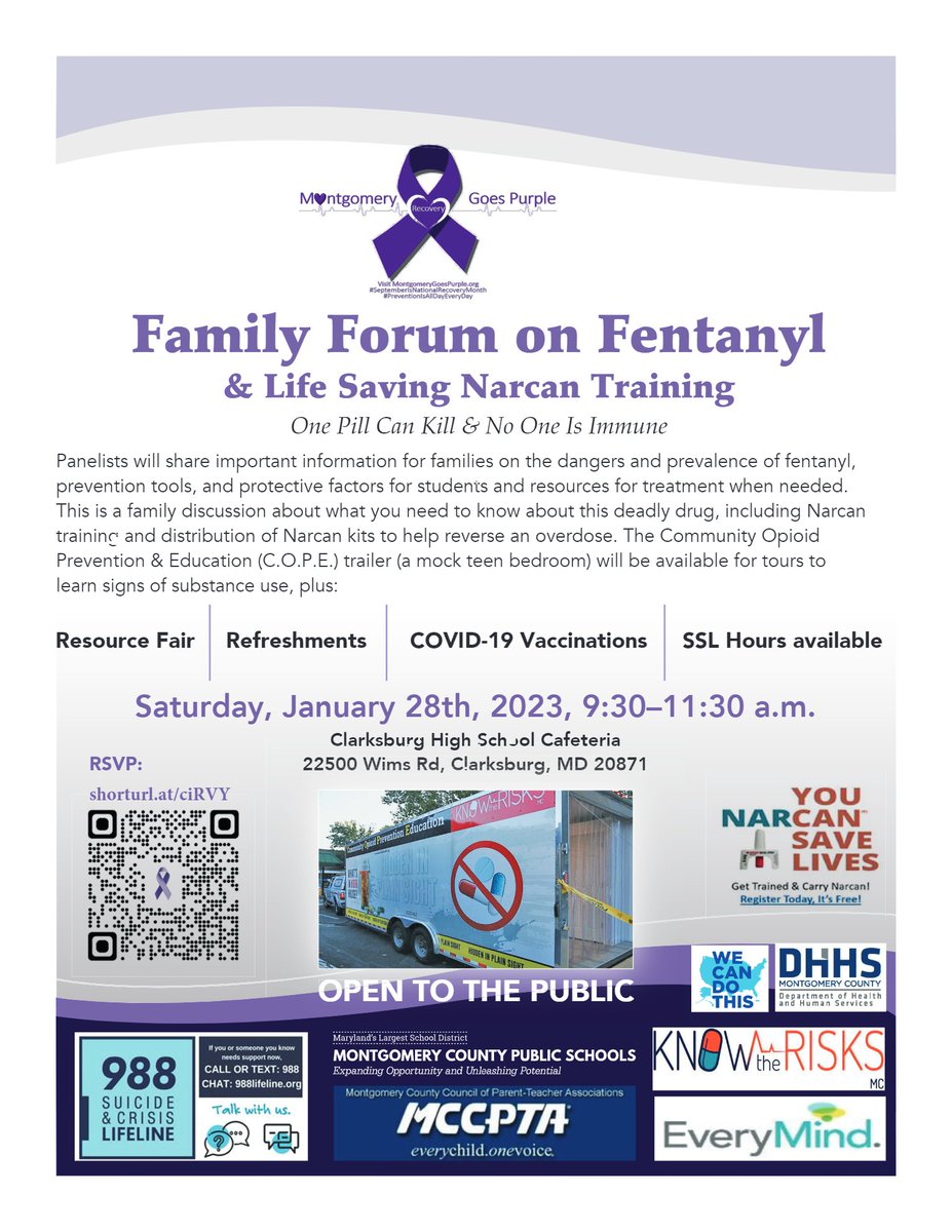 MocoGoesPurple's tweet photo. New Data Confirms Youth Substance Use Increasing (https://t.co/37rxs0wUU3). Learn what you need to know at the Family Forum on Fentanyl. Watch this video &amp; see flyer for more:  https://t.co/4tLauSjlaR  

RSVP here: https://t.co/ZMEPuGyaik. 

Narcan training and kits provided! https://t.co/uoIza4vIAj
