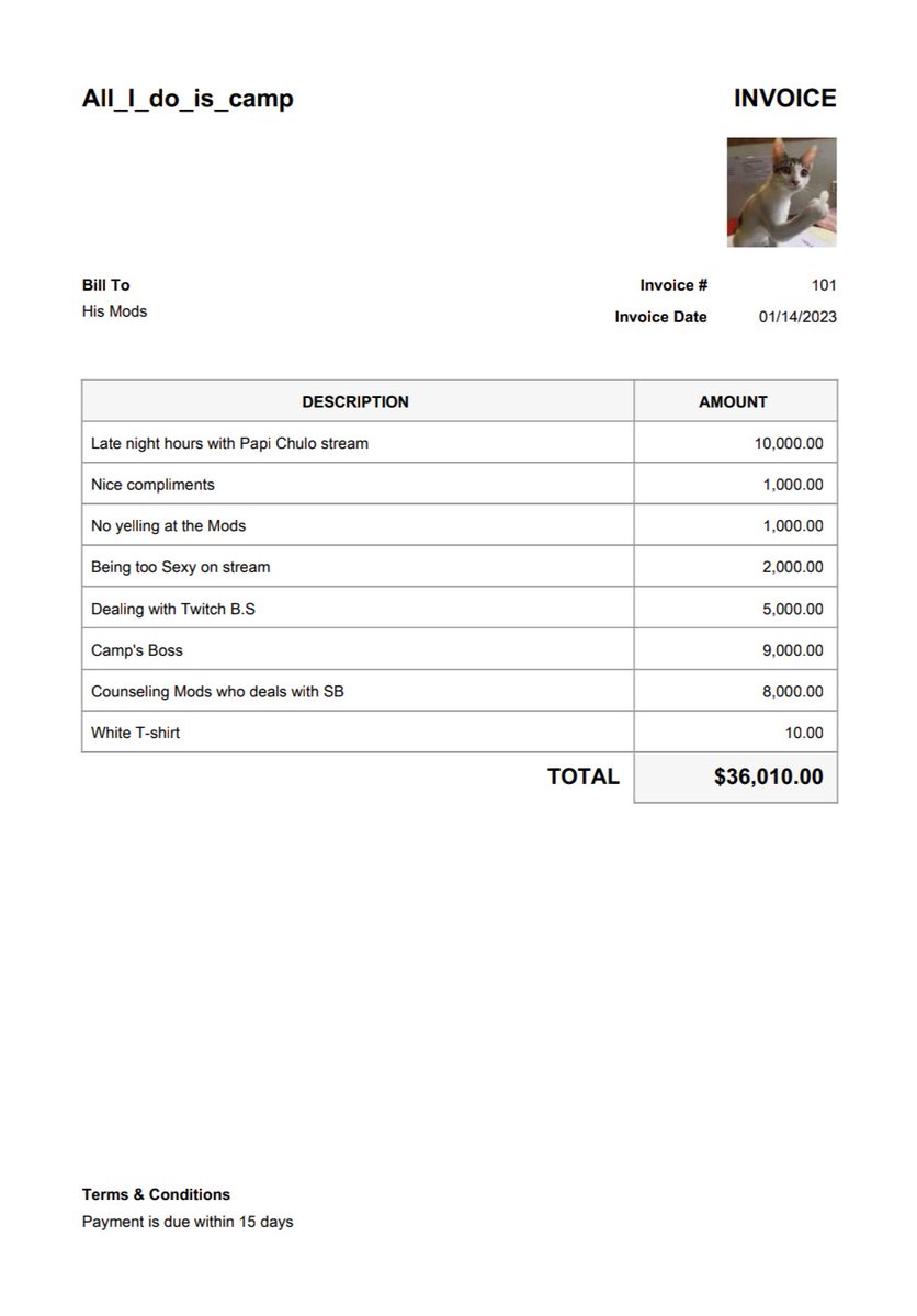 luna_bombay92's tweet photo. Okay... So previously on "WTF" @TheAllIDoIsCamp out here giving out invoices to his Mods with this bullshit 😒 how we going to pay for this it's supposed to be the other way around😮‍💨🤣 #campsarmy #twitch  #modabuse you'll be seeing my Lawyer 🙄😭 https://t.co/baE3guPk49