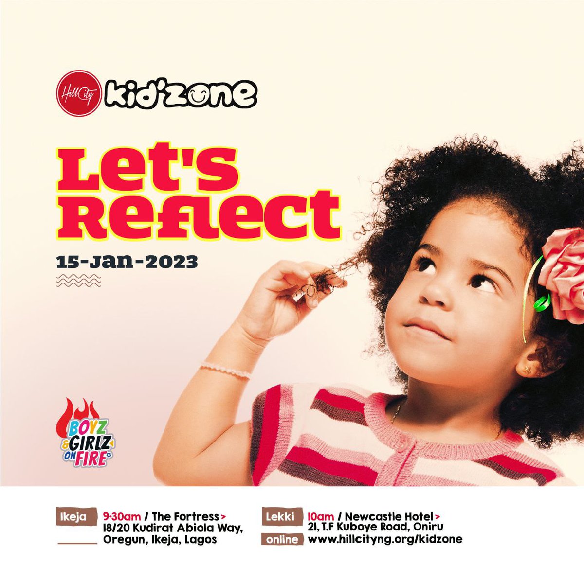 hillcityng's tweet image. A memorable experience awaits our children today! They will be reflecting on remaining on fire for Jesus!

IKEJA
9:30 AM WAT
The Fortress: 18/20 Kudirat Abiola Way, Oregun, Ikeja
(By Kobis Restaurant, just after Oregun B/Stop)

LEKKI
10:00 AM WAT