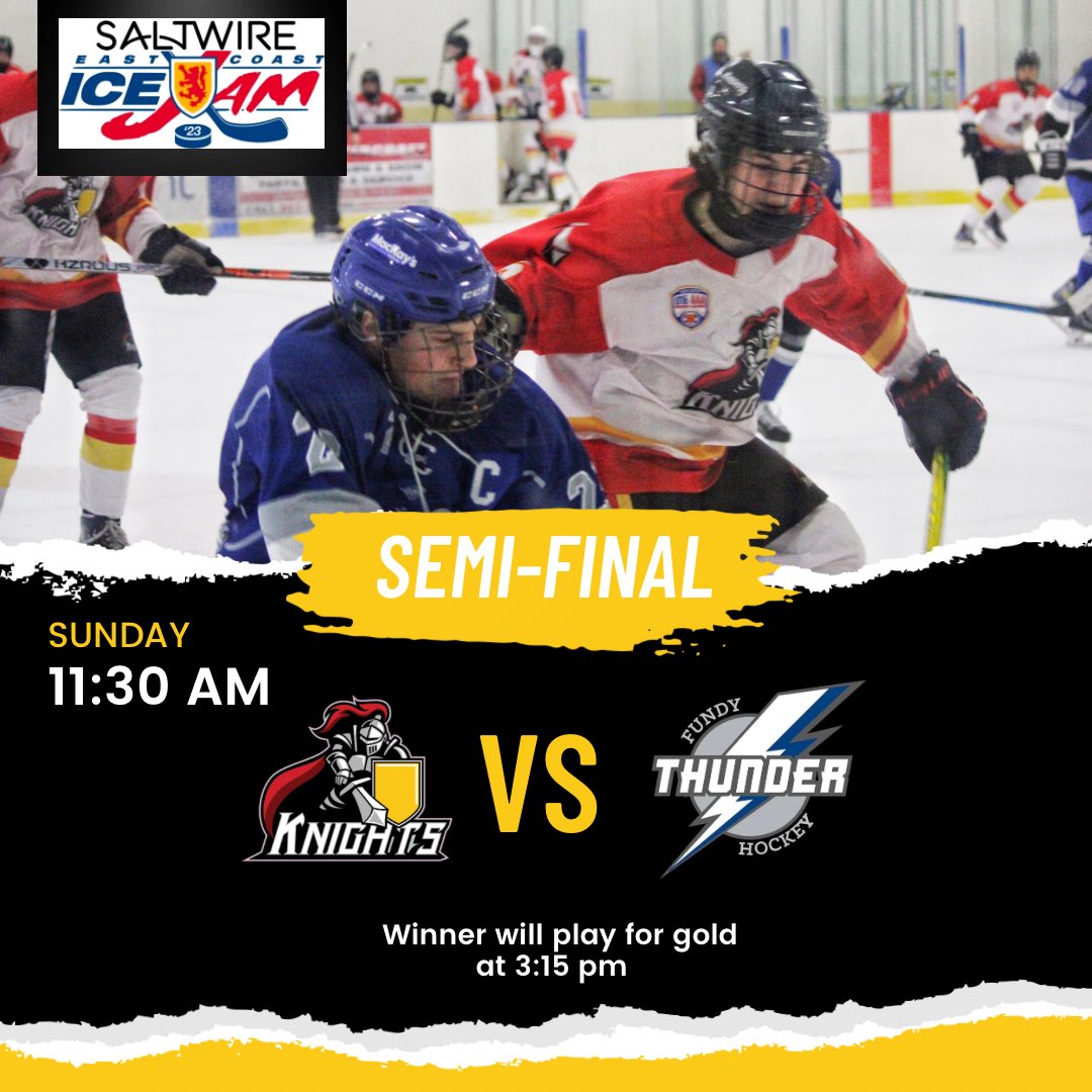 Knights will play the <a href="/fundythunder/">fundythunder</a> in the semi-final tomorrow at 11:30 am. Exciting and close games so far for the <a href="/NSU16AAAHL/">NS U16 AAA Hockey League</a> teams in the <a href="/EastCoastIceJam/">Cleve’s Source For Sports IceJam</a> #GoKnights⚔️🏒