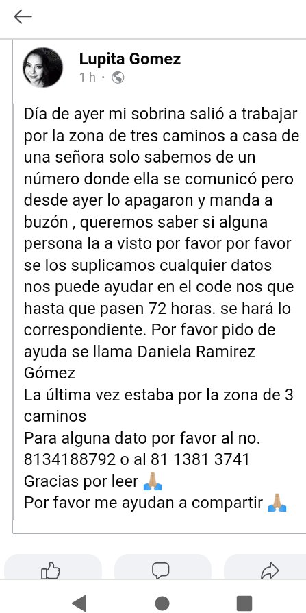 revistacodigo21's tweet photo. Mientras políticos viajan, juegan y pugnan por $, continúan alertas en redes por desapariciones de chicas. 
Daniela Ramírez Gómez desapareció ayer al ir a trabajar a zona Tres Caminos, #Guadalupe, según tía.
Ficha de búsqueda aún no es emitida por Fiscalía Nuevo León.
#Monterrey https://t.co/bDf7SqgW84