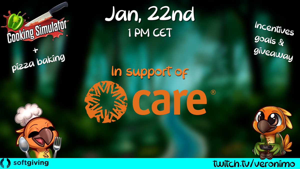 Next Sunday, we are going to have a fundraiser for <a href="/CARE/">CARE (care.org)</a> on my twitch channel with @softgiving! I will be making my first-ever homemade pizza, then dive into Cooking Simulator! It will be a wonderful stream full of incentives, goals and more! ✨

See you on January 22nd, 1pm CET