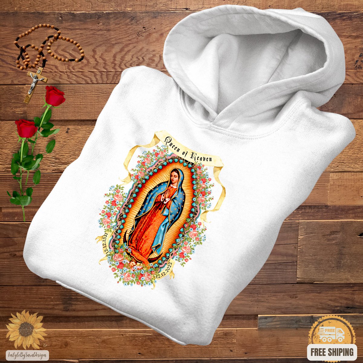 Thanks for the kind words! ★★★★★ 'Fits well and looks nice' Lauren O. etsy.me/3iD1ZN1 #etsy #beige #white #streetwear #pullover #longsleeve #virgendeguadalupe #ourladyofguadalupe #lamorenitasweater #religiousgifts