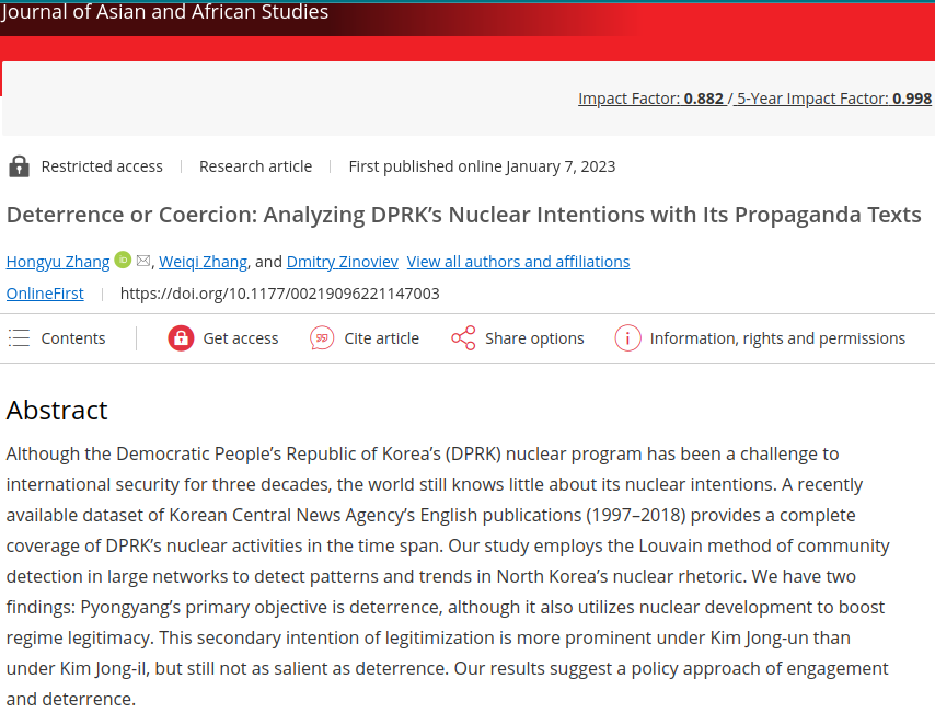 aqsaqal's tweet image. My recent paper with Weiqi Zhang and Hongyu Zhang &quot;Deterrence or Coercion: Analyzing DPRK’s Nuclear Intentions with Its Propaganda Texts.&quot; #dprk #northkorea #textanalysis #communitydetection #clustering #networkanalysis #nuclearweapons