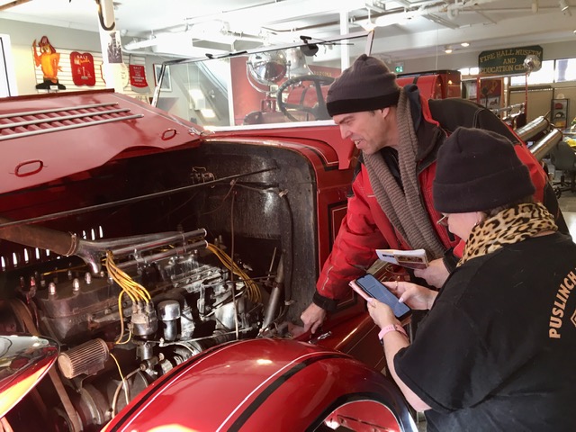 Today the museum was visited by two local members of Henry Ford’s Dreams Collector Club who took particular interest in our 1838 Bickle-Seagrave fire truck. They are seen here looking under the hood and investigating the engine of this gem in our collection.