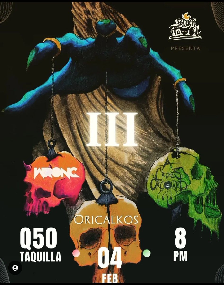 Las bandas <a href="/OricalkosBand/">𝕺𝖗𝖎𝖈𝖆𝖑𝖐𝖔𝖘</a>, <a href="/WrongBand_GT/">WrongBand</a> y A Crone's Orchard, se presentan en vivo el próximo mes.

Spotify: 
Oricalkos: open.spotify.com/artist/5t8VmkB…

Wrong: open.spotify.com/artist/4KbLU2b…

A Crone's Orchard: open.spotify.com/artist/0r8LjBM…

Feb.4, 2023 
@ Black Pool instagram.com/black_poolgt
#rock502