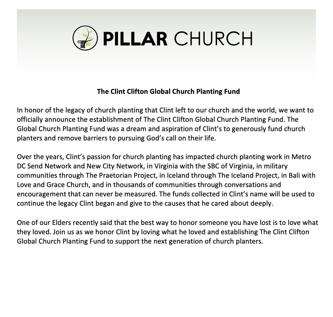 Today we announced the establishment of The Clint Clifton Global Church Planting Fund to honor the legacy of our founding Pastor. Please join us in blessing the next generation of church planters. pillardumfries.churchcenter.com/giving/to/clin…