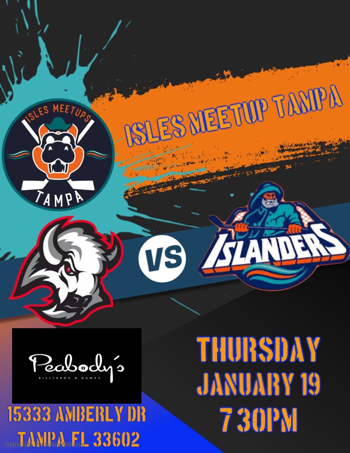 🚨🚨🚨MEETUP ANNOUNCEMENT🚨🚨🚨
Join us on Thursday 1/19 as the #isles take on the Buffalo Sabres at 7:30pm. We will be back at <a href="/PeabodysTampa/">Peabody's Tampa</a>! Can’t wait to see you all there! #islesmeetups #onlydiehards
