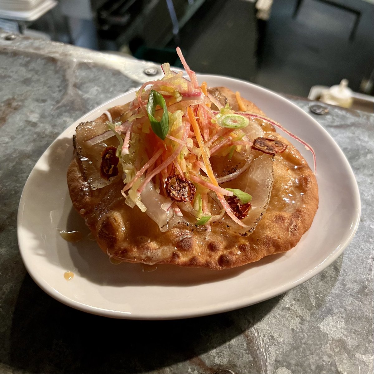 SuisGenerisNOLA's tweet image. Amazake Fry Bread - lardo iberico dehesa (acorn fed iberico pork cured fat traditionally used as a spread on warm bread), tiki farm honey fermented garlic drizzle, apple turmeric ginger slaw &amp;amp; dehydrated cherry tomato - YUM! #eatingnola #frybread #nolafood