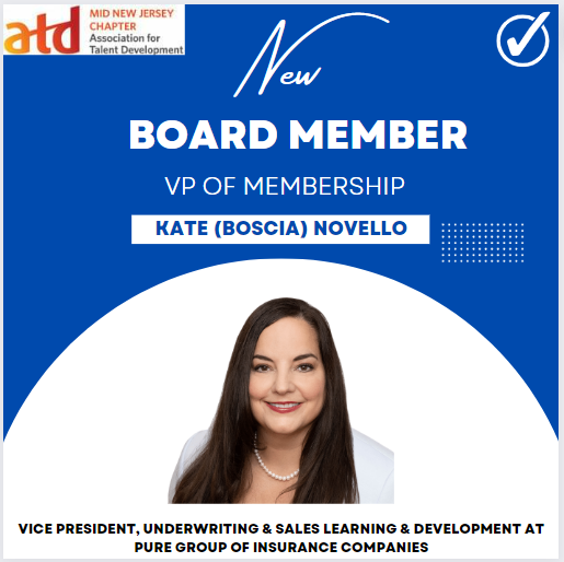 Welcome Kate (Boscia) Novello, CPRIA (Vice President, Underwriting &amp; Sales Learning &amp; Development at PURE Group of Insurance Companies) to her new role as VP of Membership of Mid NJ ATD!! #MidNJATD midnjatd.org linkedin.com/in/kate-novell…