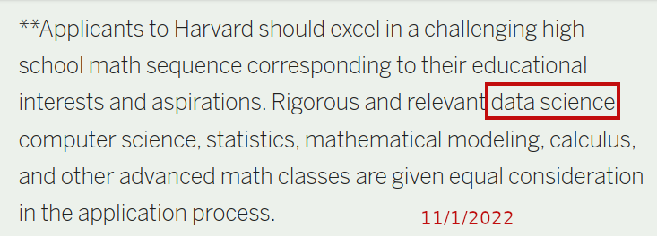 minilek's tweet photo. The Harvard admissions website no longer mentions data science (source: https://t.co/e68MzQVOUb, compared with https://t.co/pOTtCfMUfI just 2 months ago). Universities are more deeply looking into these courses and realizing they're not appropriate math replacements. 1/3 https://t.co/NwWwyWtypM