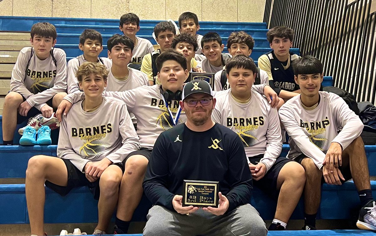 JBMSBoys's tweet photo. It was an eventful Saturday for the Barnes Toreador Basketball B teams. They competed in the Cedar Creek MS Basketball Invitational and took home some hardware. 8th grade B took 3rd place overall and our 7th grade B were 1st place tournament champions! https://t.co/iWAhYryJgn