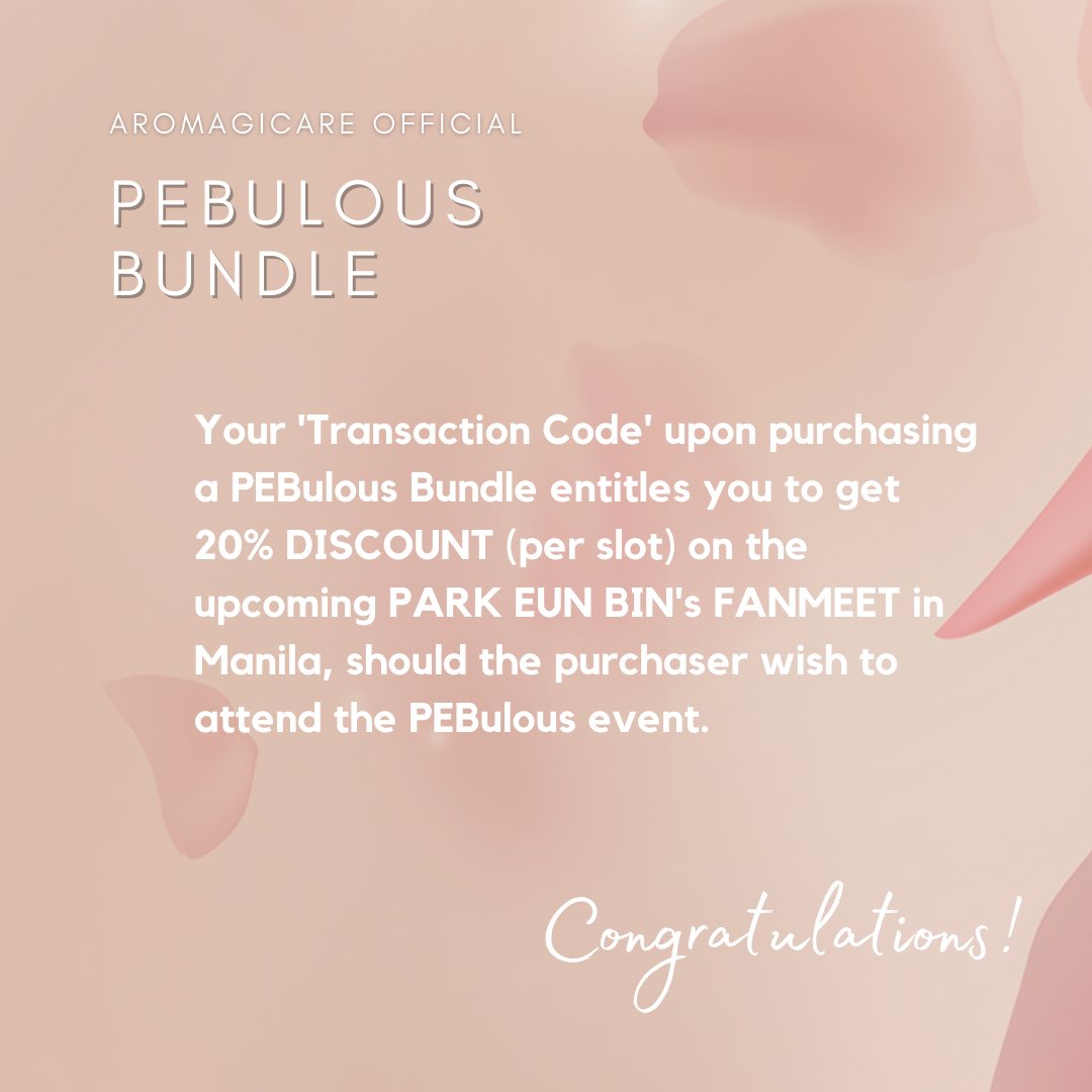 PEBulous Bundle comes with
20% discount on the upcoming #ParkEunBin's Fanmeet in Manila.

(Fanmeet details are not yet announced, but the entitlement of the discount will be based on the transaction code given to the purchasers.)

#ParkEunBinAromagicare
#ParkEunBin #Aromagicare