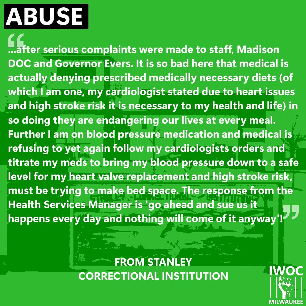 WIPrisonVoices's tweet photo. Abuse and medical neglect at the hands of COs. Also, Stanley has dropped their earned release program we are told. https://t.co/zMahbcYZil