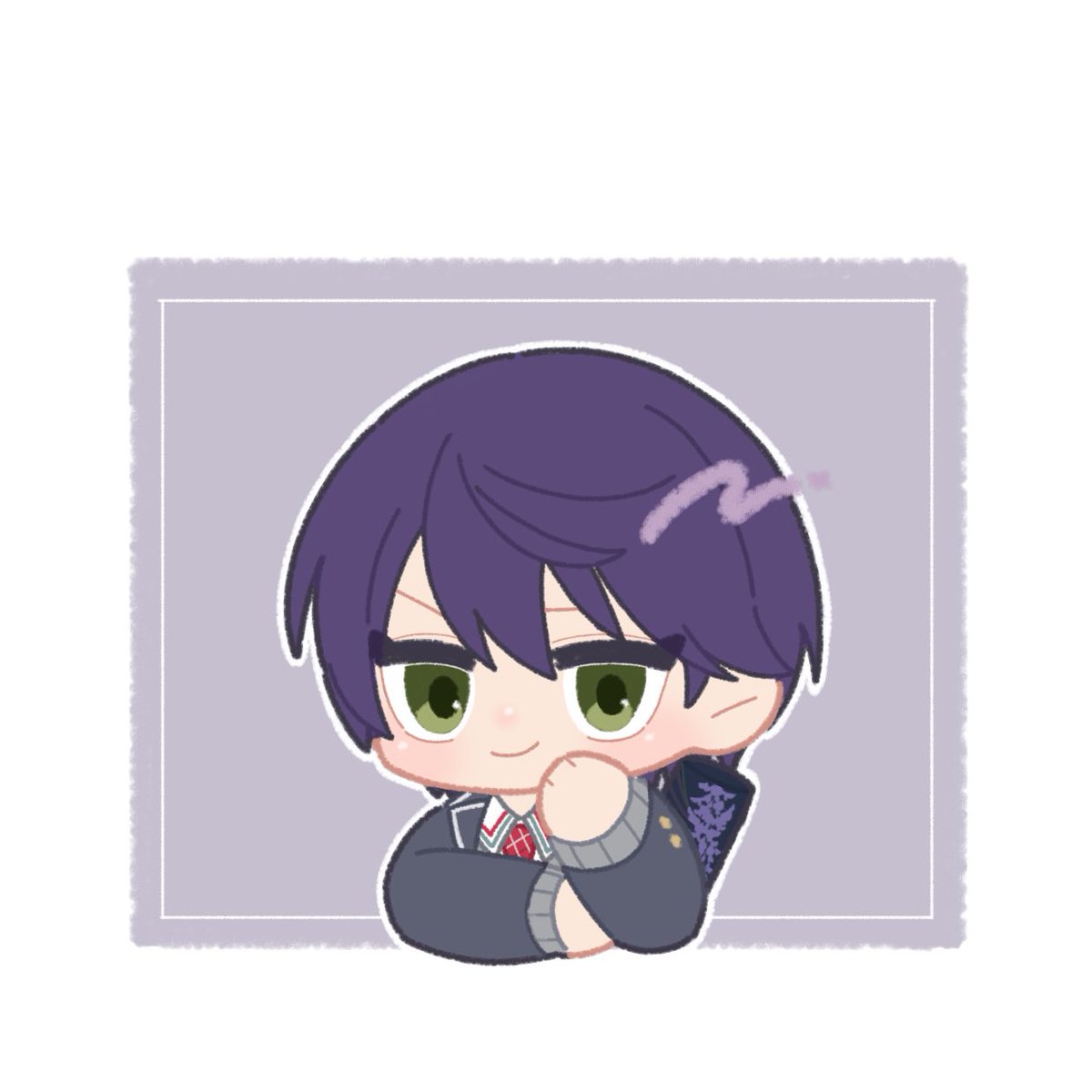 1boy solo male focus green eyes purple hair jacket grey sweater  illustration images