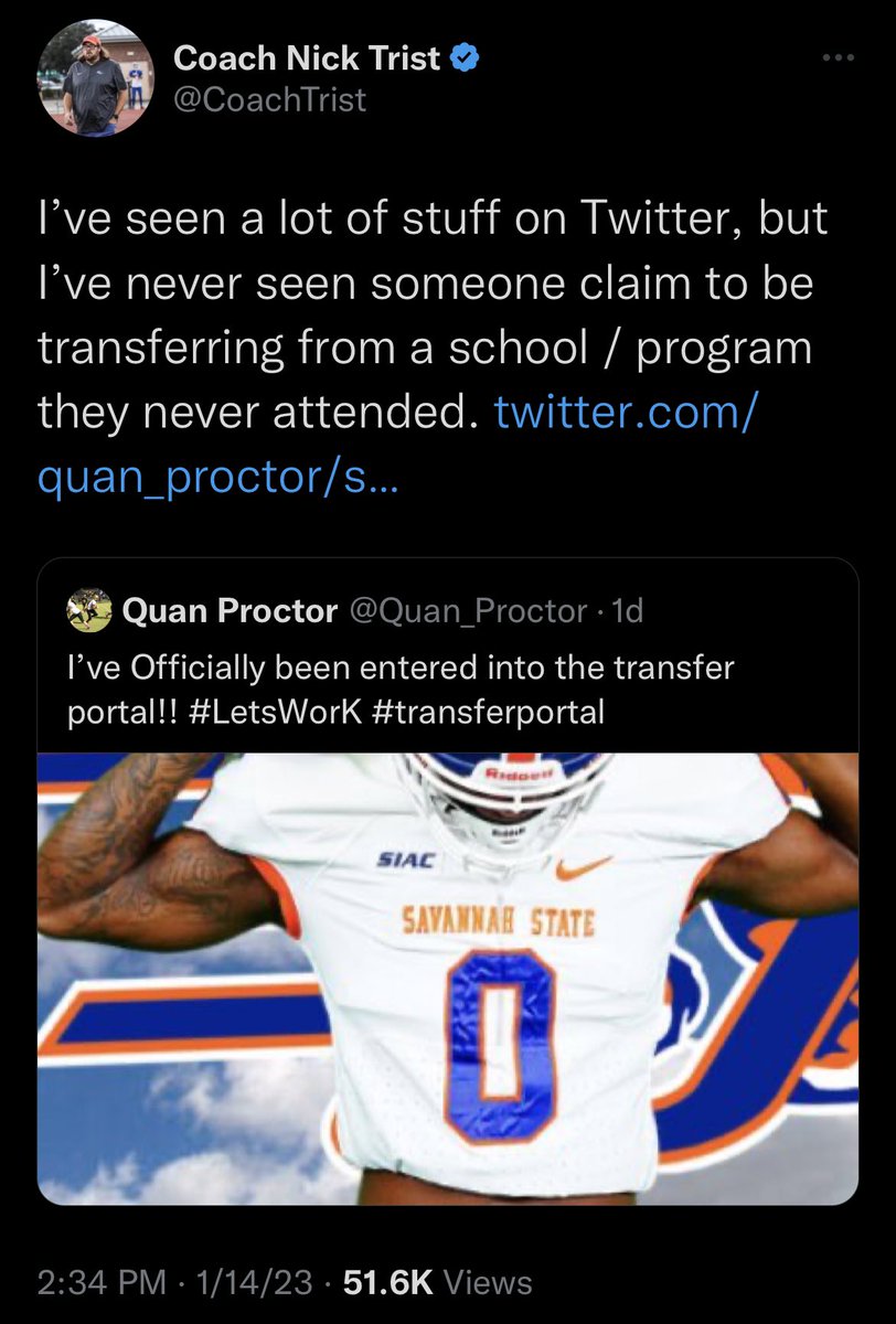 BFWshow's tweet photo. Savanah State’s Quan Proctor entered the transfer portal. 

Only thing is. He has never been on Savannah State’s team according to one of their coaches lol https://t.co/pICzBLq2Gv