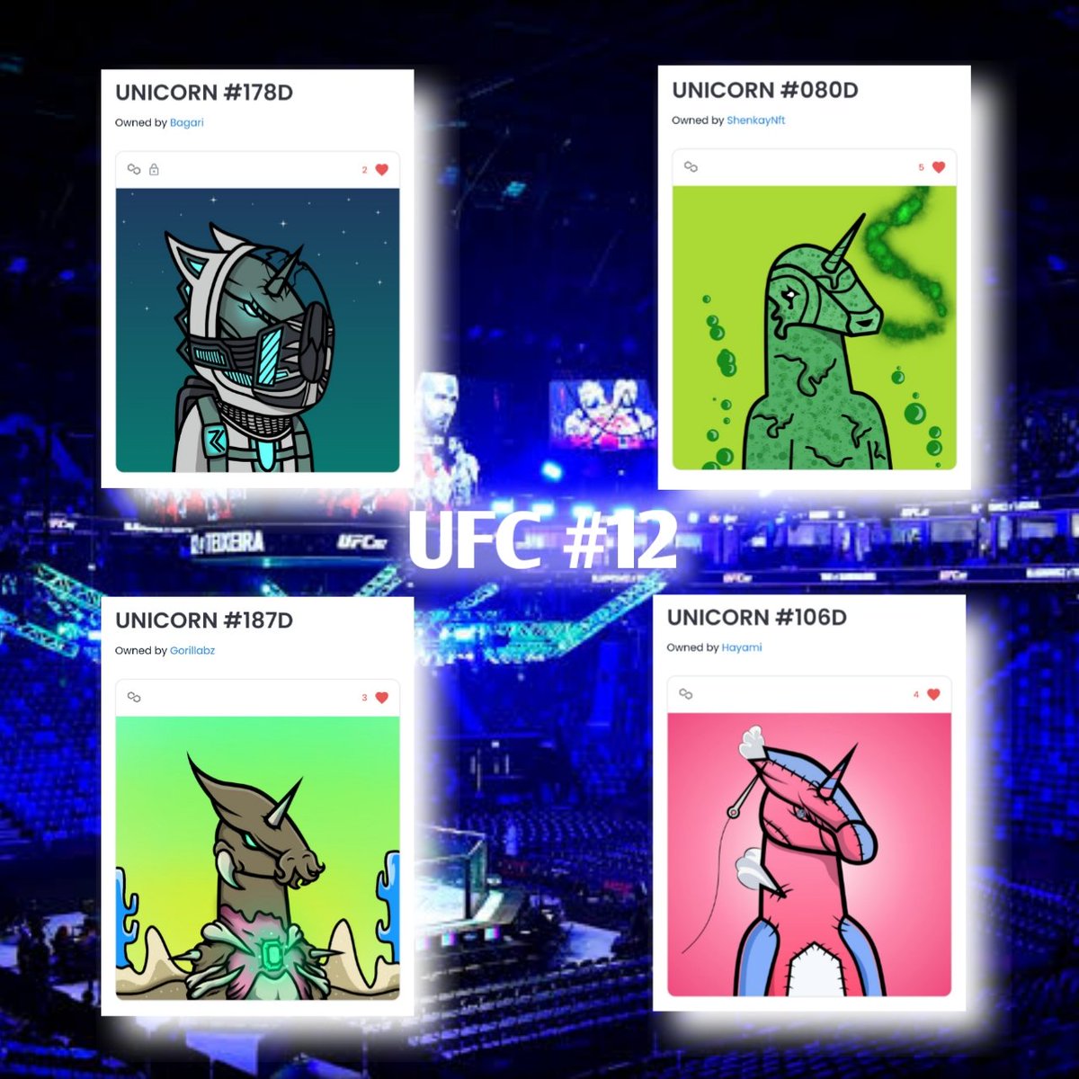 Unicorn_ID_NFT's tweet photo. 🦄🥊 UFC #12 🥊🦄
(UNICORNID FIGHTING CHAMPIONSHIP)
RING A
UNICORN :
#178D by @NFTbagari
#080D by shenkay
#187D by @gorillabz_nft
#106D by @hayamiverse
End 24H
VOTE YOUR UNICORN 🦄 AND BE A CHAMPION 🏆
VOTE AT ⬇️👇 Comment below
#NFT #NFTS #VERTICALNFT #NFTCommunity https://t.co/bzNNYFGnqB