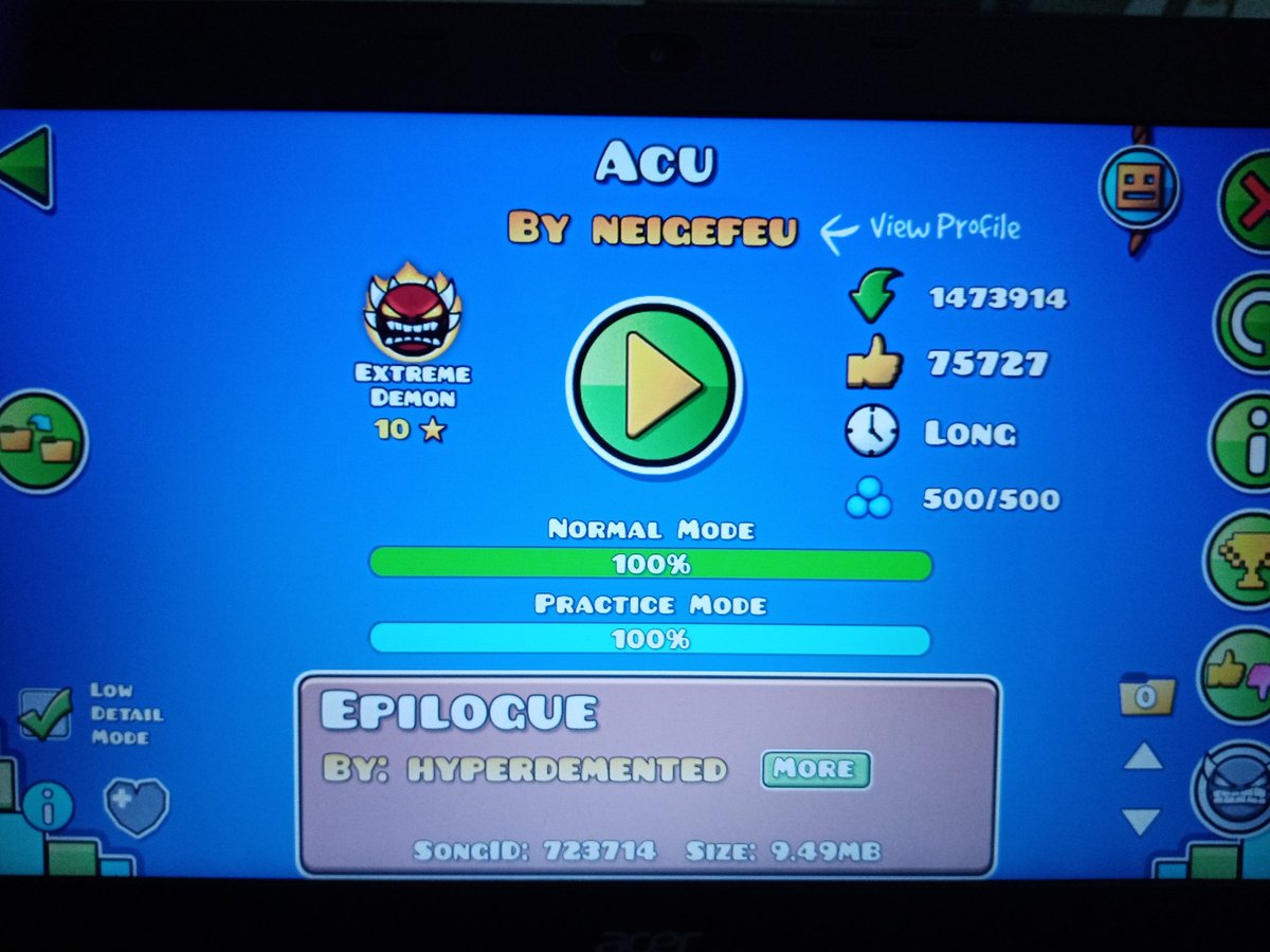 Levhiatan85's tweet photo. Después de 11 meses de puto sufrimiento, 45k de intentos y un Chingo de veces dropeado me lo pasé

Acu 100%, nuevo hardest y 1st extreme demon joder https://t.co/xmQXtnqvmb