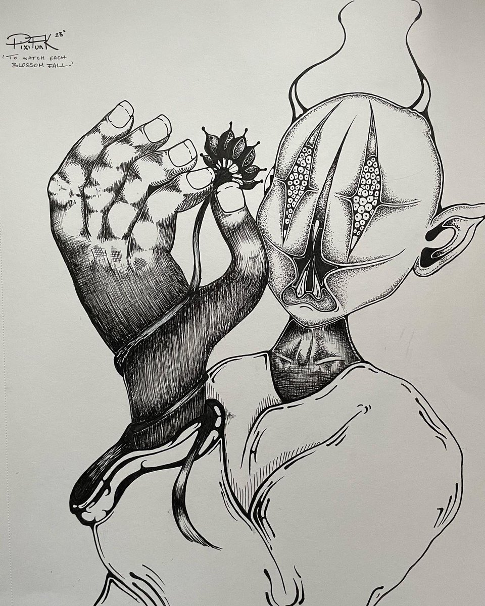 pixifunk's tweet photo. “To Watch Each Blossom Fall” 

9’ x 12’ 
0.05mm Ink on Mixed Media Paper https://t.co/FLwXEVA0qj