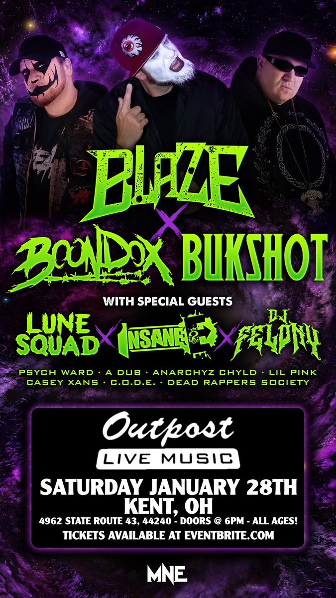 Bukshizzle's tweet photo. It’s going down in 2 weeks in Kent, OH! @BlazeYaDead1 @TurnCoat_Dirty Lune Squad, Insane E, DJ Felony, &amp; more! Come out and do the damn thing with us! https://t.co/5ESg2VpYcW