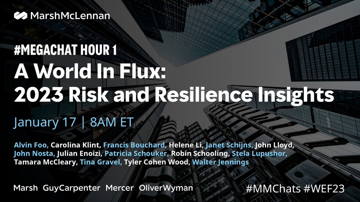 Got plans Jan 17 ? Mark your diary for this Live power hour on 🌏 Risks & Resilience, catch me in action with @alvinfoo @TamaraMcCleary @JohnNosta @jalloyd4 @RobinSchooling  @FacingChina @TylerCohenWood @Patricia_Energy +++

#MMChats #WEF2023 #MercerChats #MegaChat #Risks23