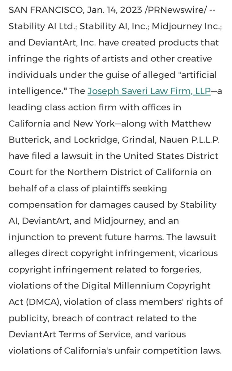 MidJourney, Stability AI, and DeviantArt are now being sued in a class action lawsuit for using copyright art without permission for profit.