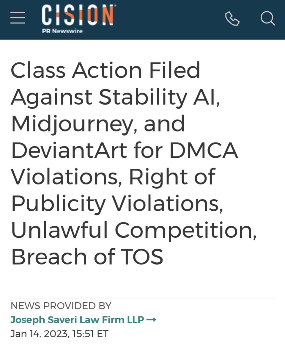 TheCartelDel's tweet photo. MidJourney, Stability AI, and DeviantArt are now being sued in a class action lawsuit for using copyright art without permission for profit. https://t.co/VI70mjIobT
