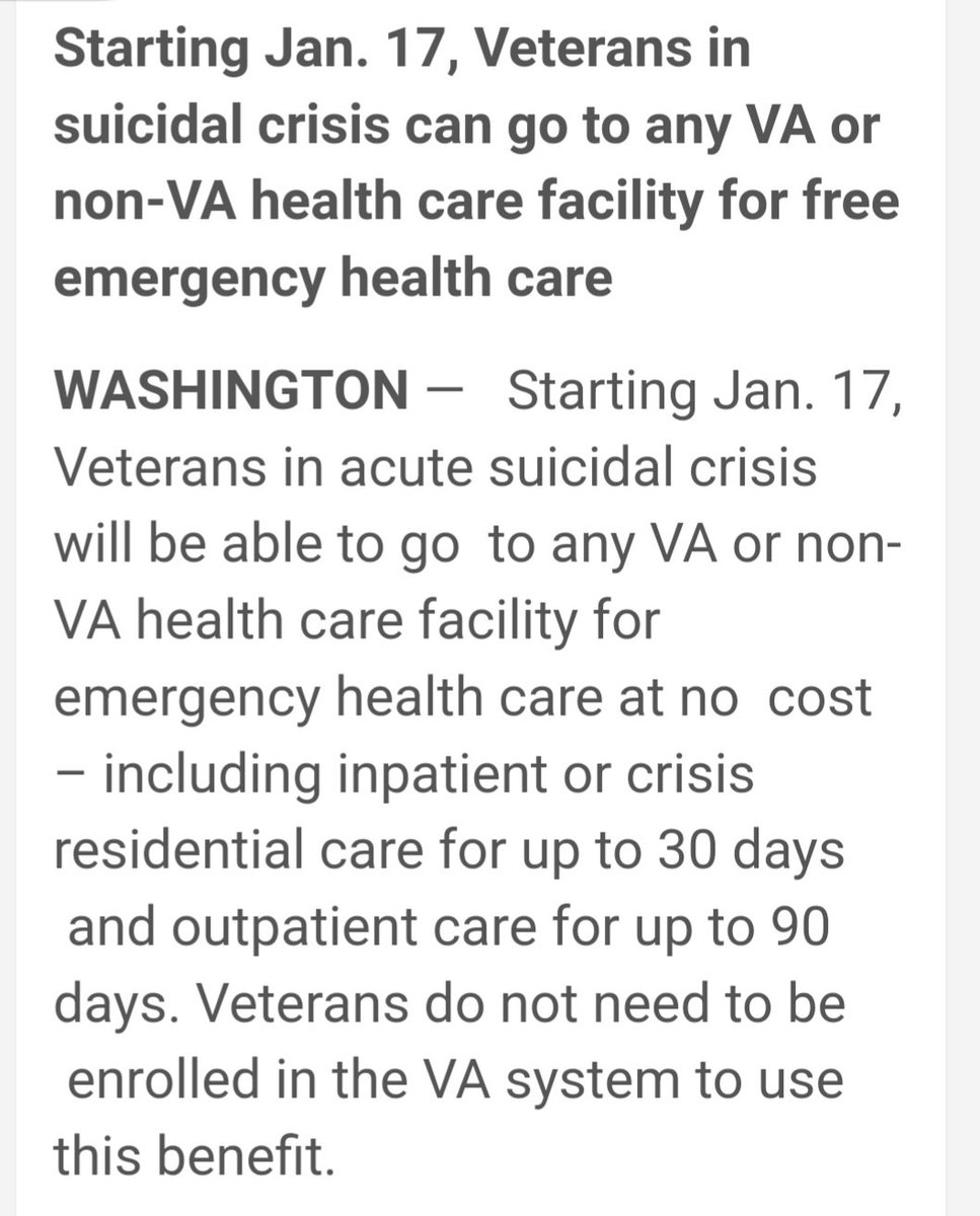 If you know a veteran in crisis, their care and treatment will now be fully covered. 
#SuicidePrevention 
#SuicideAwareness 
#Veterans 
#veteransuicideawareness
#22toomany
