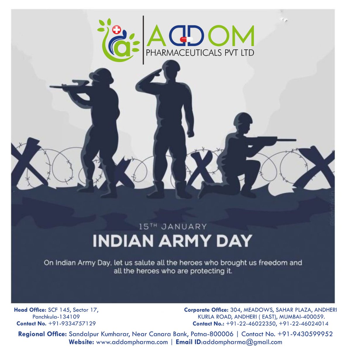 AddomPharma1's tweet photo. Indian Army Day
#indianarmyday #ArmyDay #Azithromycin #antibiotic #health #ADDOM #addompharma #pharmacy #pharmaceuticals #pharma #pharmacist #pharmaceuticalindustry #pharmacology #medical #medicine #bestpharmacy #bestpharmainindia #BestInIndia #panchkula #Haryana #doctor https://t.co/ViKM1pPbLP
