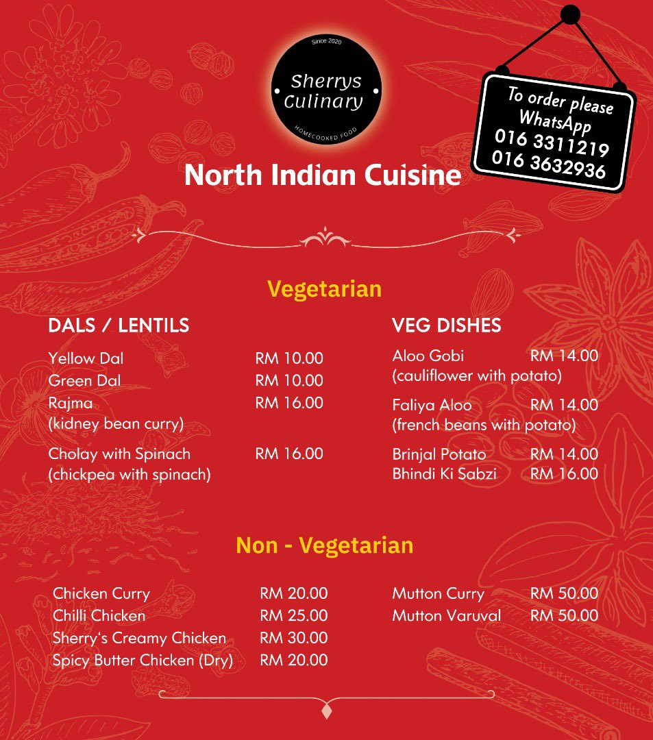 #preorder #preorderonly 

place your #order with us kindly #whatsapp us @ 016-3311219 or 016-3632936 #Menu #NorthIndianFood #northindiancuisine #food #foodies #vegetarian #vegetarianrecipes #vegetarianfood #nonveg #nonvegetarian #chickencurry #chickenvaruval #butterchicken