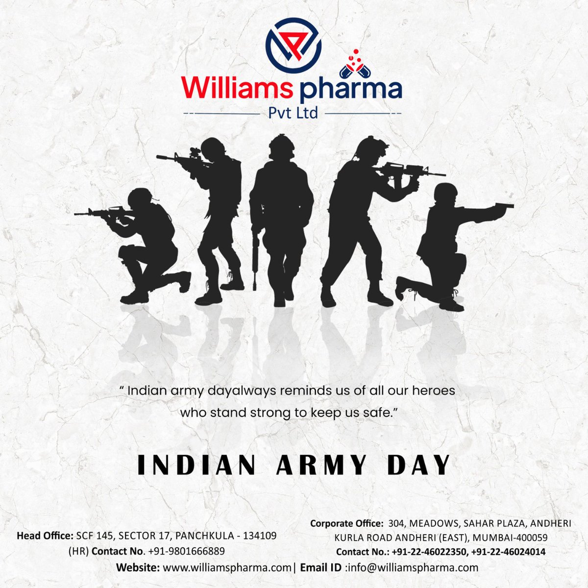 WilliamsPharma5's tweet photo. Indian Army Day

#indianarmyday #ArmyDay #care #life #health #healthyliving #pharmaceuticals #pharma #pharmaceuticalindustry #medical #medicine #medicinecompany #Williams #williamspharma #bestpharmafranchisecompany #bestpharmacy #bestpharmainindia #BestInIndia #panchkula #Haryana https://t.co/FKMdmx2Vob