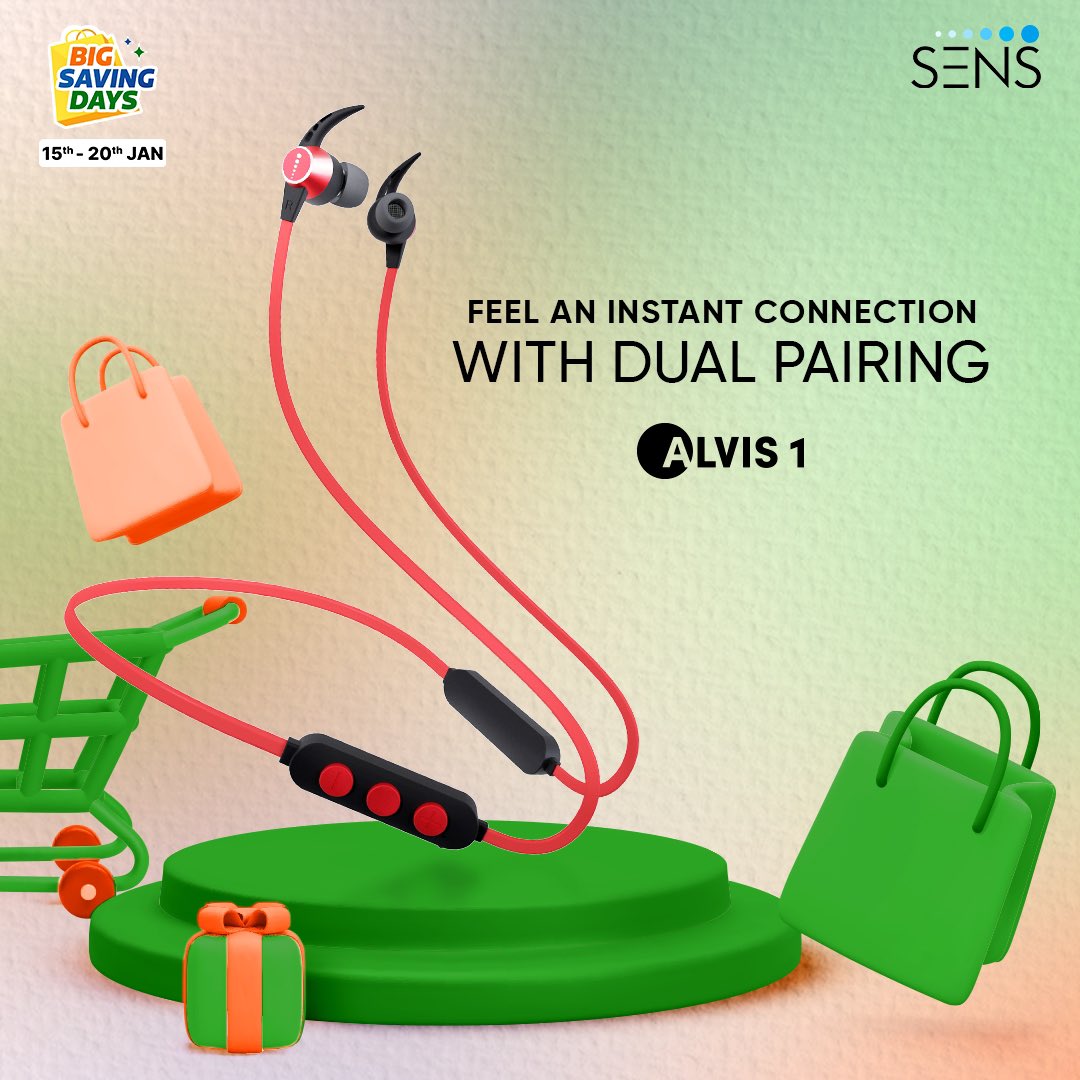 SensWorld_IN's tweet photo. The #bigsavingsday is here.  
Make some SENSible decisions. 
Get ALVIS 1 with dual pairing. Experience a seamless connection along with outstanding quality. 

Buy yours from Flipkart. 

#LetsMakeSENS #SENS #Alvis1 #Neckband #Flipkart #republicdaysale #bigsavingdays https://t.co/MOGnYiijF9