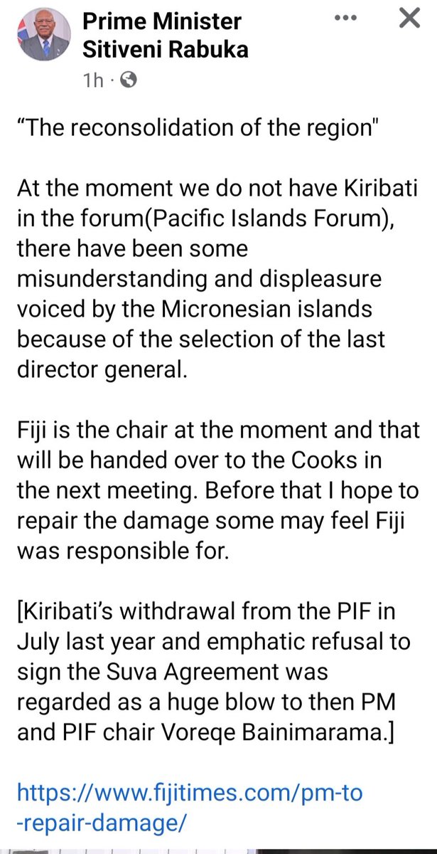 Prime Minister @slrabuka
reveals why Kiribati is on his priority list ...a great turn around in regional leadership...

Vinaka PM. A stronger region is where we advance together..in the #PacificWay...

@AkkaRimon