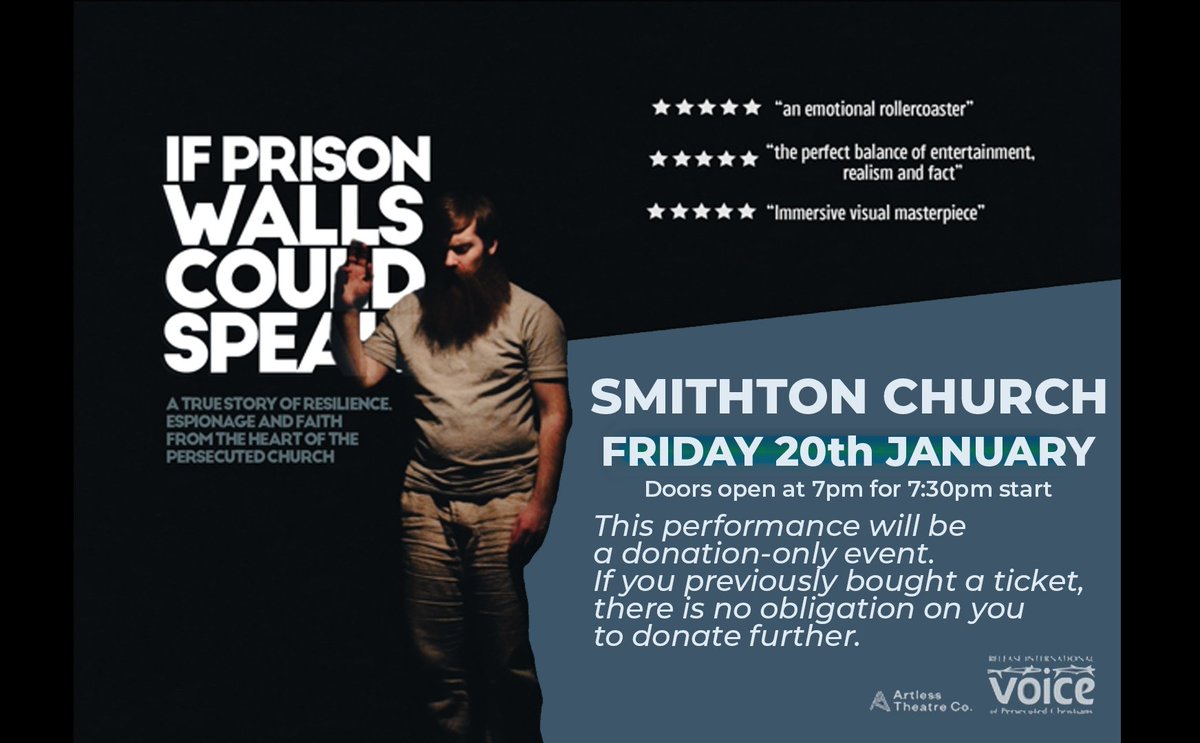 Come join us on Friday, 20th January at 7.30pm.
You are warmly invited to this thought-provoking, extraordinary performance of a true story by <a href="/artlessUK/">Artless Theatre Co.</a>
See 👇 for more details.
You can also view the reaction by some youtu.be/NJZOxgwyQE4
#persecutedchurch 
All very welcome 👇