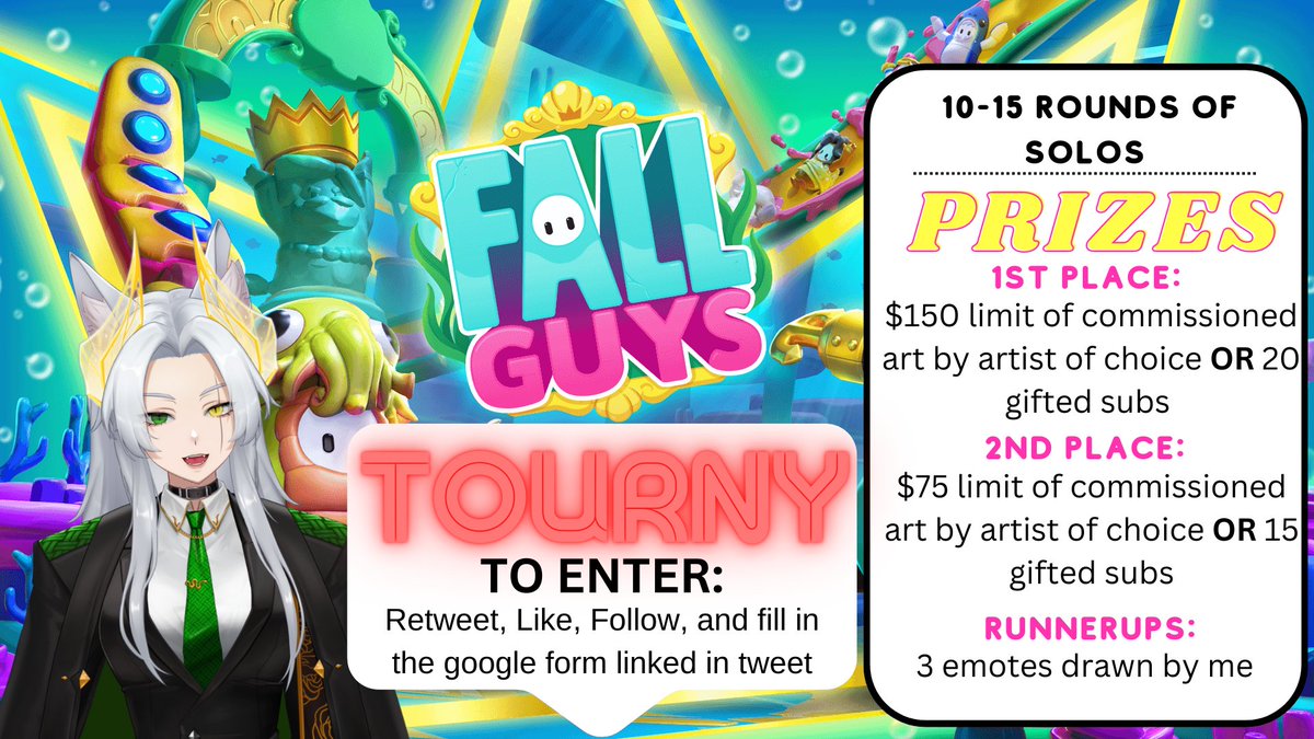 HELLO TWITCH STREAMERS! I will be hosting a fall guys tournament! If you are interested, please fill up the google form link and deadline will be 15th of February! New followers are welcome, and details are in the google form! #Vtuber #VtuberUprising #FallGuys #Competition