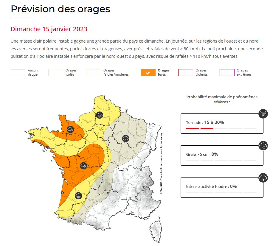 Risque d'#orages isolés mais parfois forts et très venteux (rafales 100-120 km/h) ce dimanche et la nuit prochaine, notamment en Basse Normandie, et du nord Aquitaine au Centre. Situation propice également aux #tornades. Bulletin détaillé : 