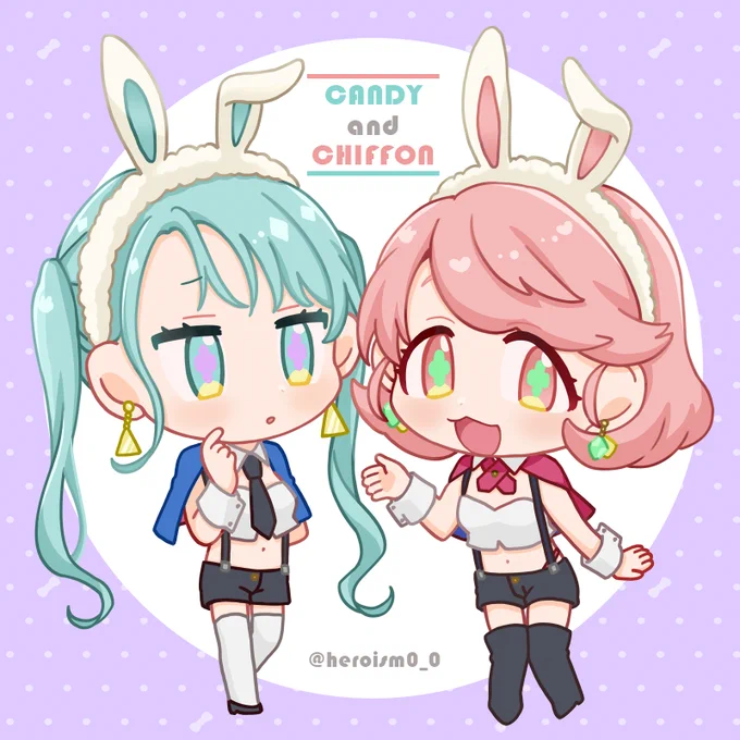 看板娘ちゃんたちなんとなく名前つけよ～って思って頭にあったのをつけちゃった。左からキャンディ、シフォン 