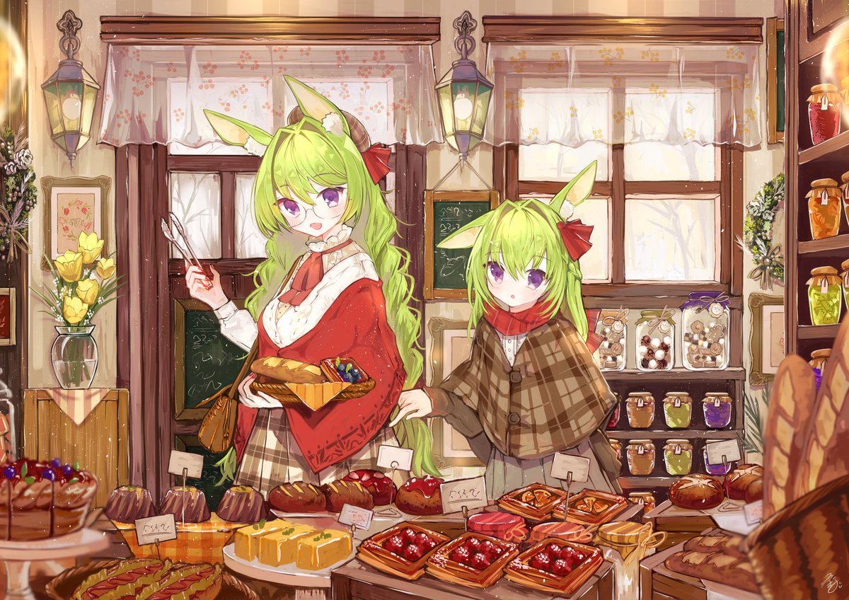 multiple girls 2girls animal ears green hair purple eyes food long hair  illustration images