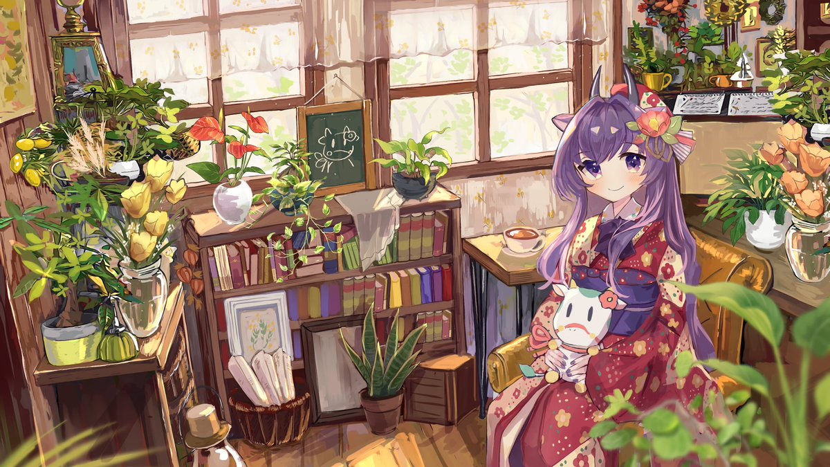 1girl kimono purple hair japanese clothes solo purple eyes flower  illustration images