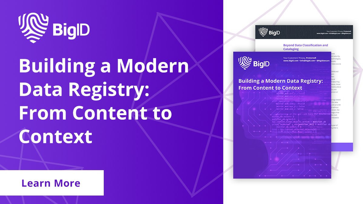 bigidsecure's tweet image. Read on as we share insight into building a modern data registry and how its valuable characteristics will give organizations like yours the data intelligence necessary to support privacy protection and governance. bit.ly/3ICYwc8 #dataprivacy #datagovernace