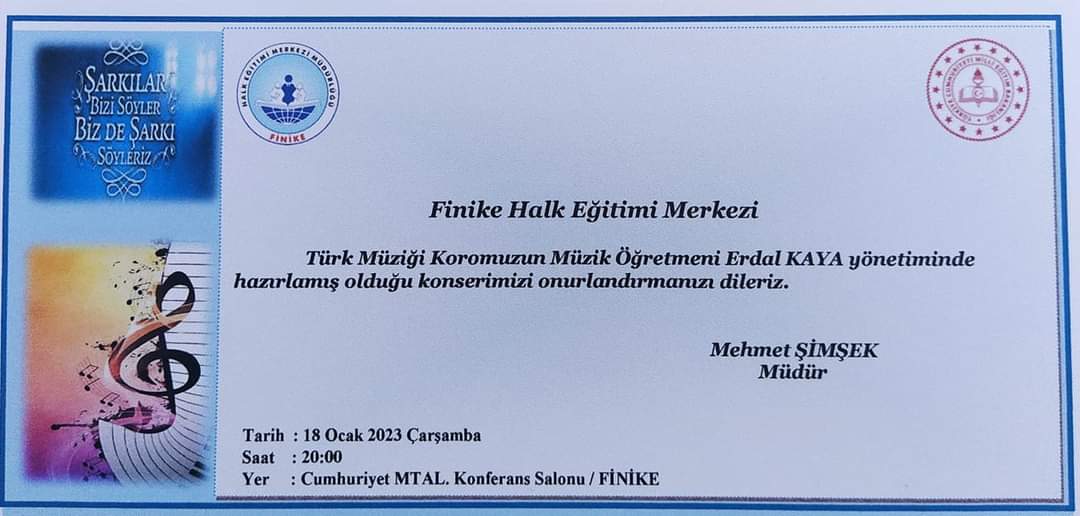 Bakanlığımız Hayat Boyu Öğrenme Genel Müdürlüğü tarafından başlatılan"Şarkılar Bizi Söyler,Biz de Şarkı Söyleriz"projesi kapsamında, hazırlamış olduğumuz Türk Halk Müziği konserimize tüm halkımız davetlidir.
<a href="/Fnkkaymakamligi/">T.C. Finike Kaymakamlığı</a> <a href="/antalyamem07/">Antalya İl Millî Eğitim Müdürlüğü</a> <a href="/emre_caliskan/">Emre Çalışkan</a> <a href="/birfremd/">Mustafa Akçil</a> <a href="/finike_ilcemem/">Finike İlçe Milli Eğitim Müdürlüğü</a>