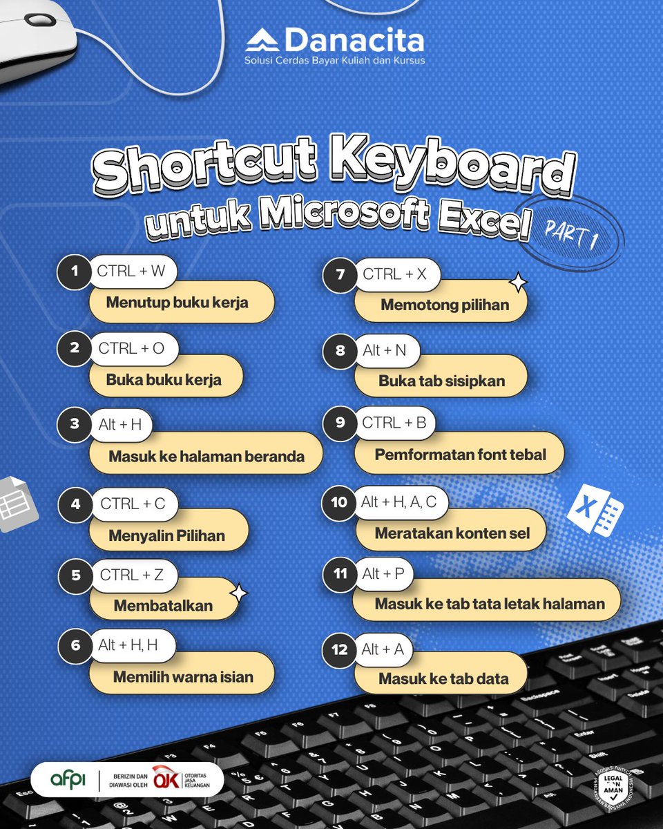 Danacita_id's tweet image. Save dan share!

Biar kerja makin sat set sat set, Ini dia beberapa shortcut excel yang wajib kamu tau 😁

#danacita #excel #shortcutexcel #anakkuliah #anakkampus #freshgraduate #sarjanamuda #jurusankuliah #infopendidikan #sarjana #hidupmahasiswa