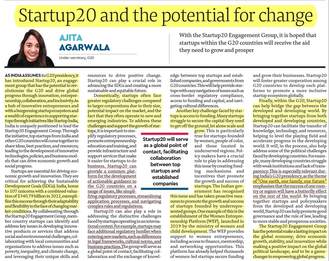 iaspoint1's tweet photo. Startup 20 and the potential for  change

Source: Financial Express

GS Paper-3: Indian economy &amp; related issues

#UPSC #startupindia #Varisu 
#HockeyWorldCup https://t.co/wy8NWN3yMV