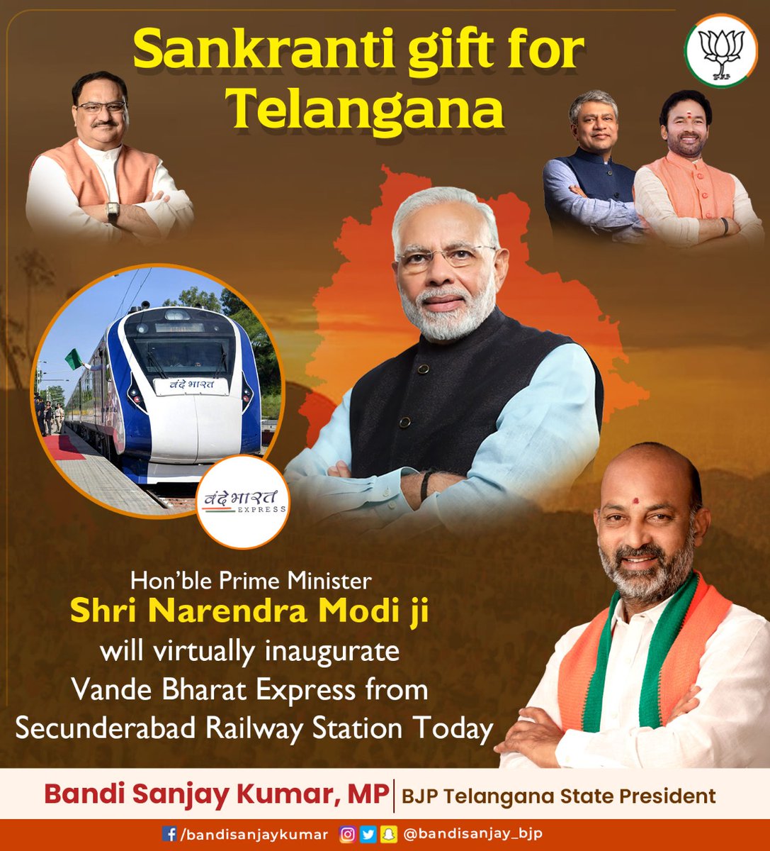 bandisanjay_bjp's tweet photo. Sankranti is even more special this year as Hon’ble PM Shri @narendramodi Ji will virtually Inaugurate #VandeBharatExpress from Secunderabad Railway Station shortly.
#ThankUModi4VandeBharat https://t.co/xPcpInjhUJ