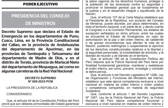 pedrojosecama's tweet photo. Se acabó terroristas malparidos. Gob amplía Estado de Emergencia  1 mes más en Lima, Callao, Moquegua, Madre de Dios, Puno y Cusco y en Puno 10 días + d toque d queda (8pm-4am), pero esta vez especif autoriz d uso d fuerza a PNP y FFAA amparad en DLs 1186 y 1095 https://t.co/iuuEPWHXhO
