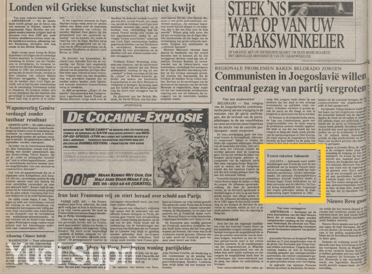 yudisupri_454's tweet photo. Surat kabar Belanda, De Volkskrant, 27/6/1986, memberitakan tentang Indonesia yang sedang bernegosiasi dengan Prancis mengenai kemungkinan pembuatan rudal #Exocet secara lisensi. #IPTN sudah membuat helikopter Super Puma secara lisensi &amp; ingin melengkapinya dengan rudal ini. https://t.co/dOMUIA2dOP