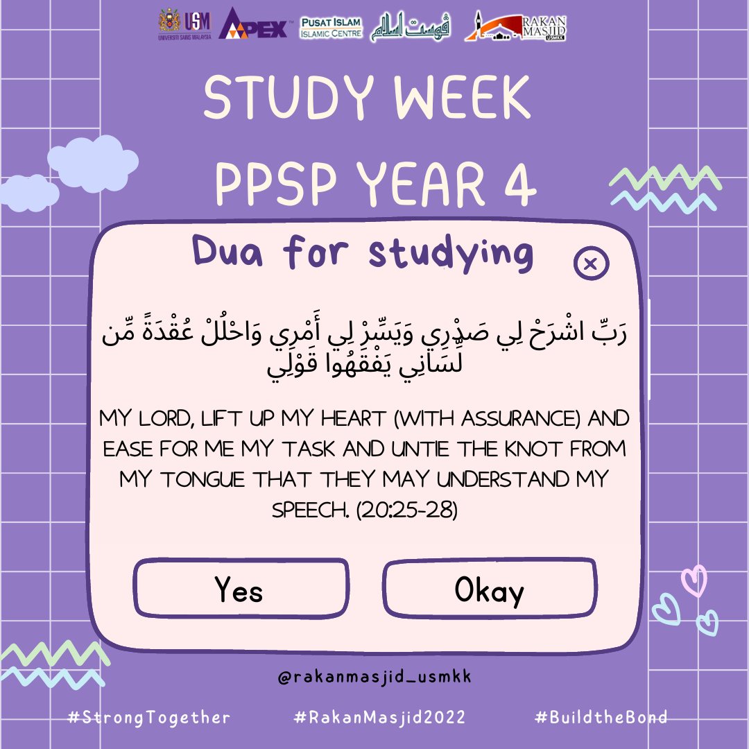 RakanMasjidUSM's tweet photo. Happy study week!

Sekretariat Rakan Masjid would like to wish all the best to all PPSP student🤍 Do the best you can until you know better. Then when you know better, do better!  Fighting 💪🏻✨

#RakanMasjid2223
#StrongerTogether
#TransformingKnowledge https://t.co/8A243HDqVd