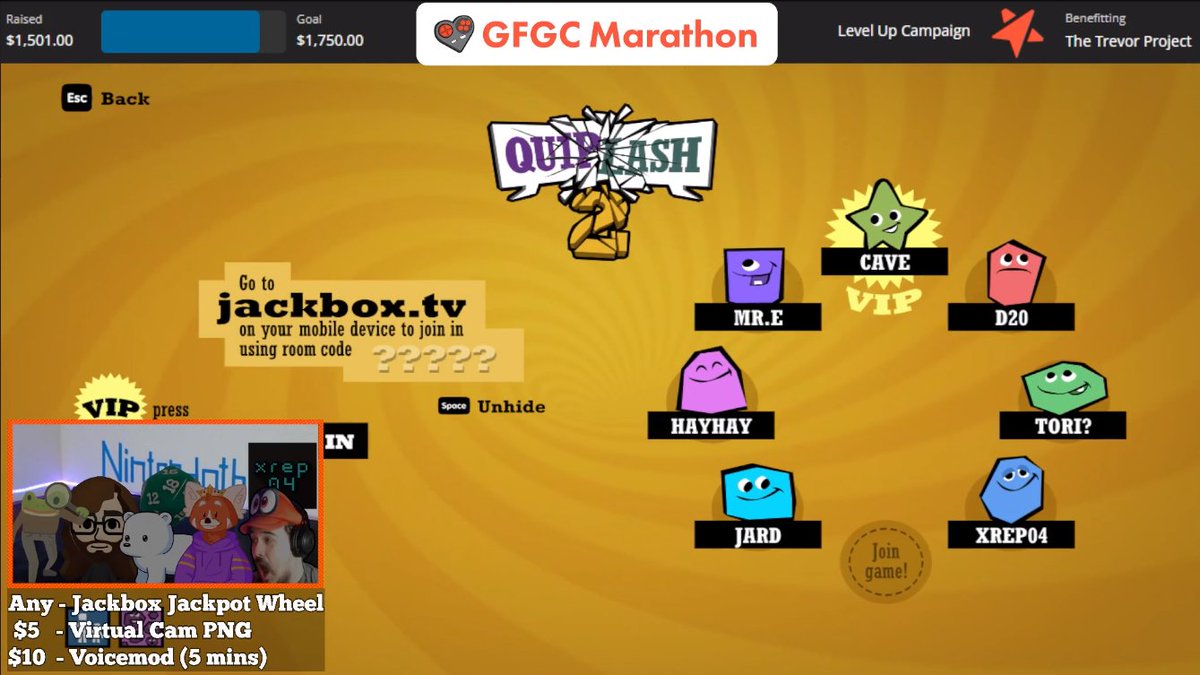 🔴The whole crew is together for the final segment of #GFGCMarathon: Level Up! Come join us for some Jackbox Games as we close out our four day event!

➡️Drop by and donate if you can!
twitch.tv/gamingforgloba…